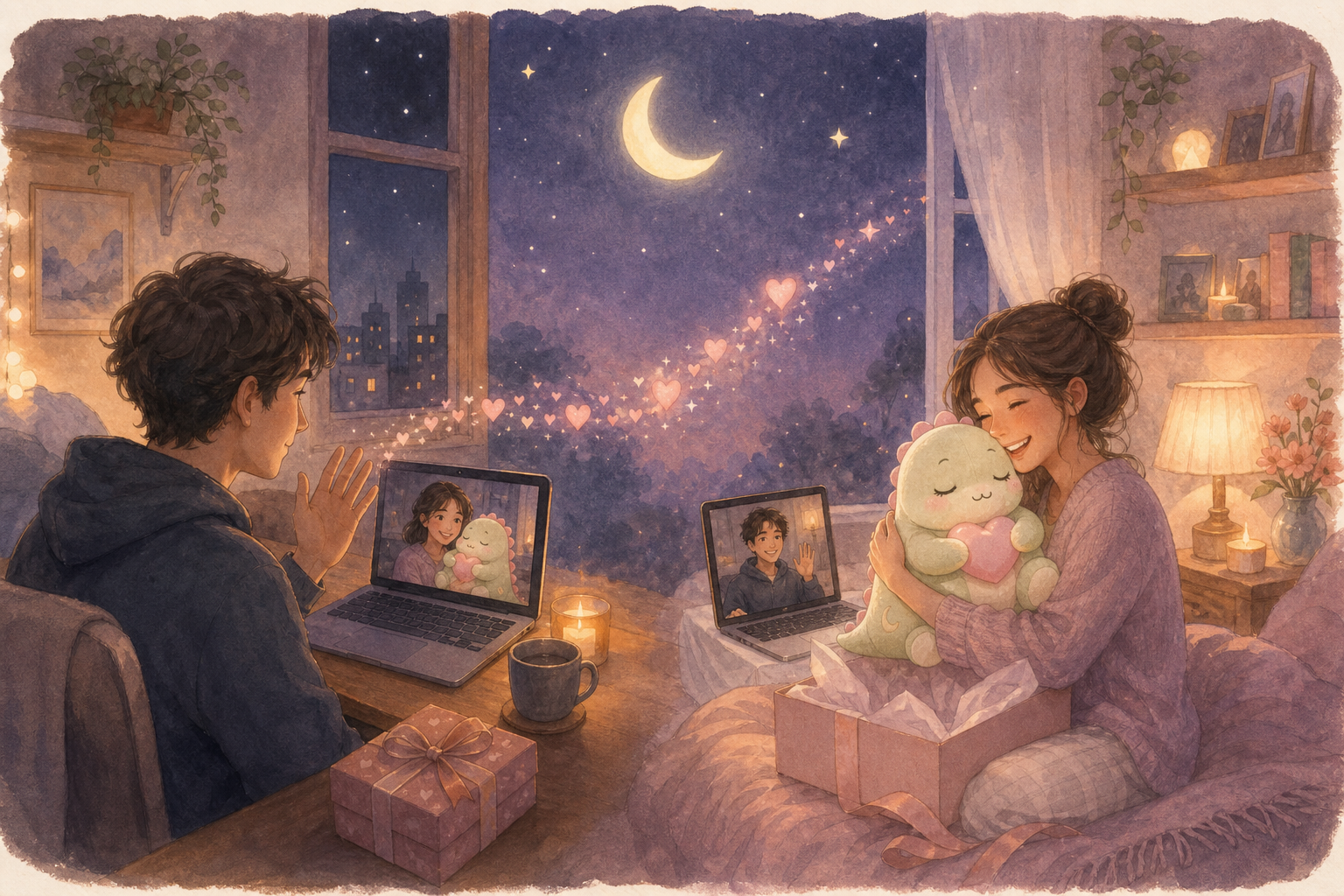 Illustration of long-distance partners sharing Lumi over a video call