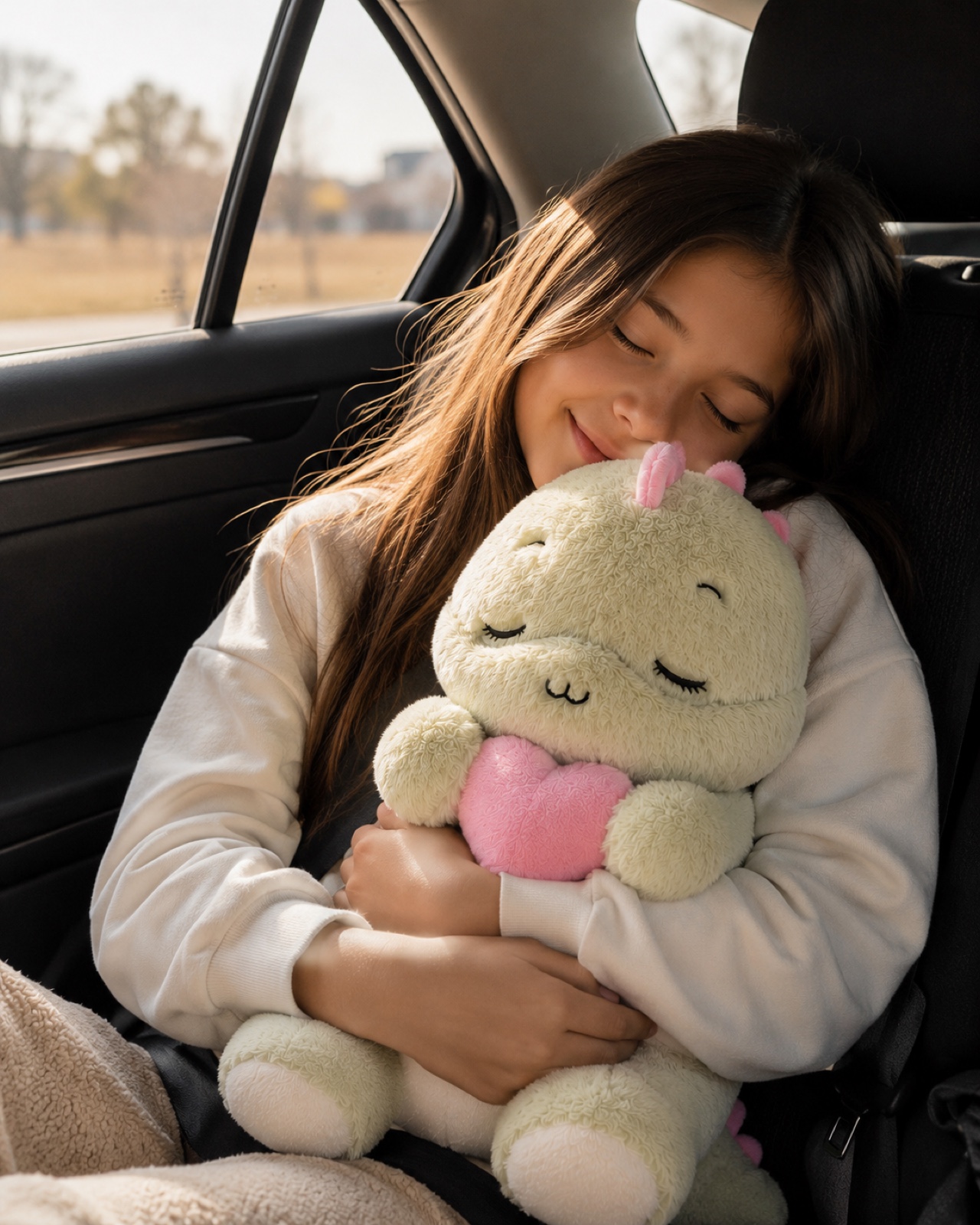 A child cuddling Lumi during a car journey