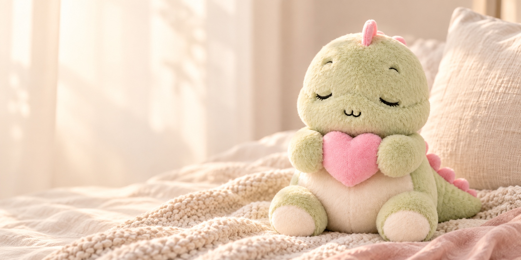 Lumi weighted plush holding a pink heart on a cozy knitted blanket in warm sunlight